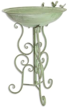 JS Garten Deko Jugendstil Vogeltränke mit Ständer Satz 2 Stück aus Eisen in grün Romantische Gartendeko Vogelbad, Höhe 76 cm