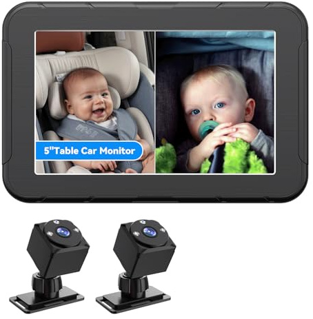 Baby Auto Spiegel Kamera, Zweikanal-5-Zoll-Display mit 2 IR-Nachtsichtkameras, geteilte Bildschirmanzeige, Nachtsicht und 150°-Betrachtungswinkel, HD 1080P, einfach zu installierendes Auto-Babyphone