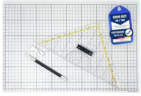 ! Profi SET ! Präzisions-Schneidedreieck + Super-Schneidematte A3 + Qualitäts-Skalpell inkl. 5 Ersatzklingen | Modellbauwerk® Geodreieck Cut-Mat Cutter Modellbau Basteln Architektur Schneiden