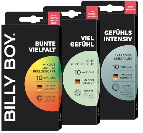 BILLY BOY Kondome Ausprobier-Set mit 3 Artikeln | Bunte Vielfalt - Farbig und Perlgenoppt, Viel Gefühl - Gefühlsecht mit angenehmen Duft, Gefühlsintensiv - mit mehr Freiraum | 3 x 10 Stück