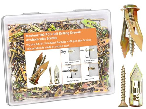 mxuteuk 160 PCS Self Drilling Drywall Anchors with Screws 2025 Upgraded Zinc Plated Steel Hollow Wall Anchors(0.47X1.18inch) and Screws, Easy Application No Drill or Holes in Wall