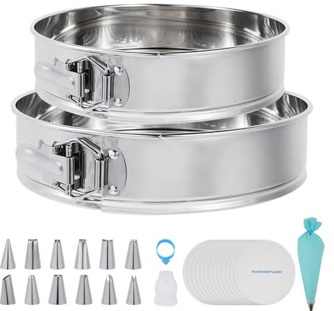 Aufind Springform Pan Set for Baking (9,10inches), 304 Stainless Steel Springform Cake Pan with Removable Bottom, Cheesecake Pan with 50PCS Parchment Paper for Pie Cake Pizza and Quiches