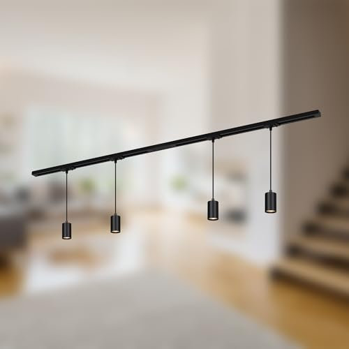 Briloner - Rail Rail System Complete Set, 4X GU10 Suspension, Power Supply, Ceiling Lighting Rail System, Spotlight Rail, Ceiling Light, Pendant lamp, Hanging lamp 1.5 m, Black