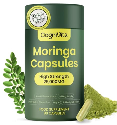 Moringa Capsules – 3 Month Supply – High Strength 50:1 Moringa Leaf Extract – One-A-Day Vegan Supplement with No Fillers – 90 Capsules by CogniVita