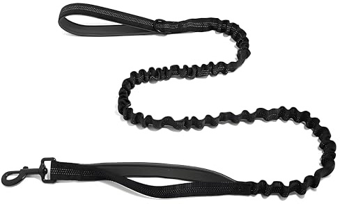 BROUAURPE Bungee Dog Leash with Shock Absorption, Dual Handles for Pull Control, Reflective Nylon, Zinc Alloy Hook, D-Ring for Poop Bags, Black, L