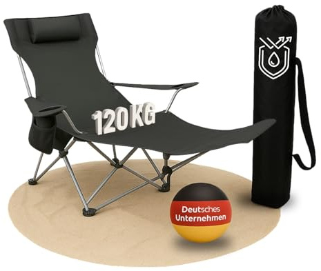 Coemo Campingstuhl, Schwarz, zusammenklappbar, verstellbar, Getränkehalter | Liegestuhl mit Kopfstütze, Tasche, Relaxliege leicht, tragbar, verstellbarer Faltstuhl, zusammenklappbarer Stuhl