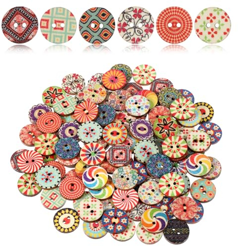 LIQWEI 100 Pcs Mixed Vintage Wooden Buttons, 15mm Craft Buttons Assorted Flower Button with 2 Holes, Round Sewing Decorative Button for DIY Clothes Sewing Craft Decorative Handmade Projects