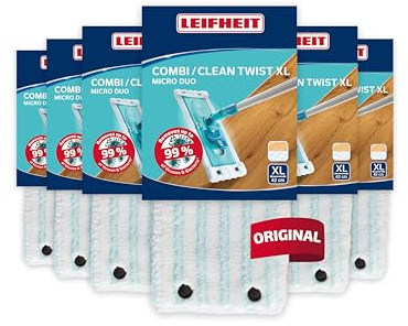 Leifheit Lot de 6 housses Clean Twist ou Combi XL micro duo, housse de rechange en microfibres pour balai à plat Combi, housse nettoyante et absorbante pour balai serpillère | Microfibre avec poils spéciaux, largeur d'essuyage de 42 cm, fixé par boutons-pression, lavable jusqu'à 200 fois à 60 °C