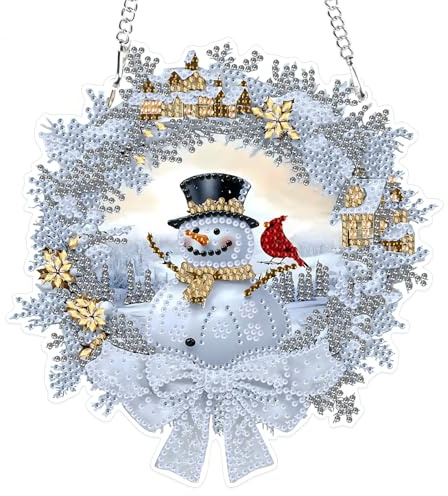 MXJSUA Couronne Bonhomme De Neige Maisons De Glace De Noël Diamond Painting Adulte Pendentif, Diamond-Painting Hanging, Diamant Painting Suspendus avec Chaîne pour Jardin, Porte et Fenêtre Décoration