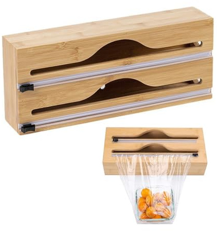 Tilizan 2 in 1 Folienspender aus Holz, Frischhaltefolienspender, folienhalter für küche, Folienabroller Folienspender mit Cutter, zum Schneiden von Frischhaltefolie, Alufolie, Backpapier
