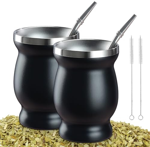 Juego de té mate, taza de acero inoxidable, taza de doble pared, aislante, juego de tazas de té con cuchara, pajita y cepillos de limpieza, taza de té mate, taza de té, antiquemaduras, aislamiento