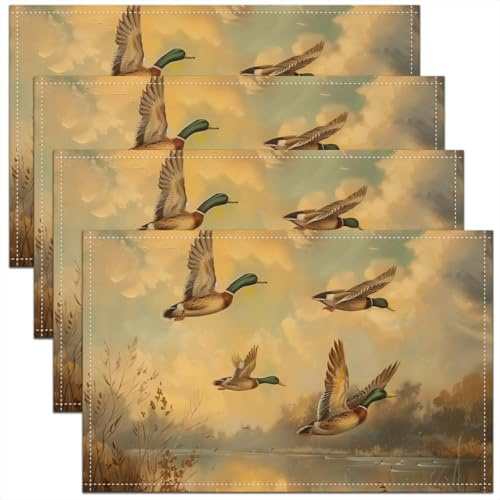 Erosebridal Mallard Duck Lake 4 PCS of Placemats 12x18 Wild Ducks Hunting Place Mat for Dining Table Autumn Reed Natural Sunset Non Slip Table Mats Wildlife Yellow Green