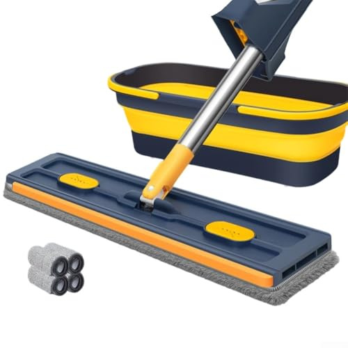 Trapeador giratorio de 360°, trapeador plano grande con mango telescópico, limpieza de polvo para azulejos y madera dura, mopa + 4 paños + cubo plegable azul