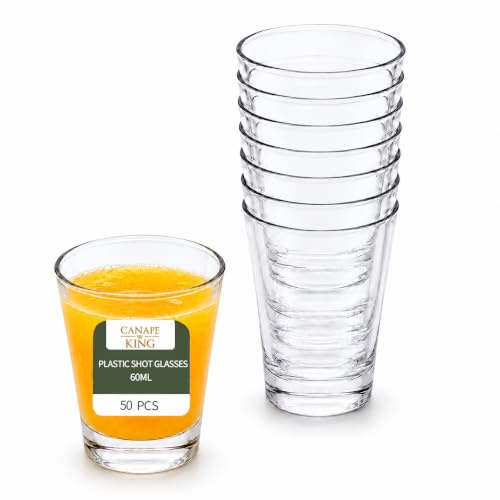 Canape King Plastic Shot Glasses – 60ml Clear Disposable & Reusable Cups – BPA-Free Plastic Shot Cups for Parties, Weddings, Cocktails & Tasting Events (50)