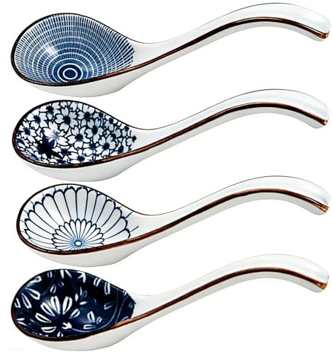 4 Pcs Ceramic Soup Spoons, Japanese Design Ramen Spoons, Porcelain Long Handle Spoons for Ramen & Pho, Wonton, Miso, Noodles, and Rice, Elegant Blue and White Pattern - Set of 4