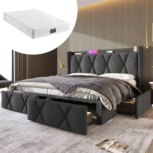 Generisk klädselsäng med USB-laddningsfunktion, 4 lådor och förvaringsutrymme – grå sängram 140 x 200 cm inklusive 7-zons madrass (montering krävs)