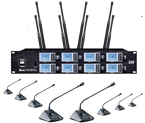 Conference Microphone system 8-Channel UHF Wireless Meeting Microphone System,8 Desktop Gooseneck Microphones for Church School Stadium Exhibit, Range up to 328 Feet, 8 Antenna Reception
