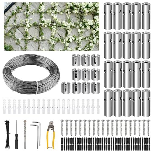 TOROKOM Rankhilfe aus Edelstahl für Kletterpflanzen, 30M Edelstah Hochleistungs Spalierset Wandklettern T316 Stahldrahtseil Kreuzklemmen Spaliersystem Set für Blumen Reben (185P)