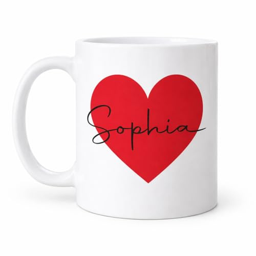 Vacso Trading Personalised Name Heart Mug – Custom Red Heart Coffee Cup – Romantic Gift for Her or Him, Valentine’s Day, Anniversary, Birthday or Love Gift