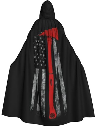 Yyoretp Capa larga con capucha para adultos, hacha de bombero con diseño de bandera de línea roja, para Halloween, cosplay, carnaval, disfraces de bruja