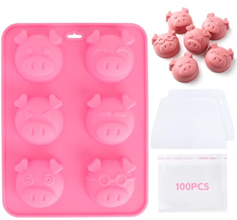 Silikon Backform Schwein, Silikonform für Schweinchen, gießform Schweinekopf Backbleche, silikonformen gießformen schweinchen mit OPP Beutel 100+ 2 Schaber, für Gelee, Fondant, harte Süßigkeiten