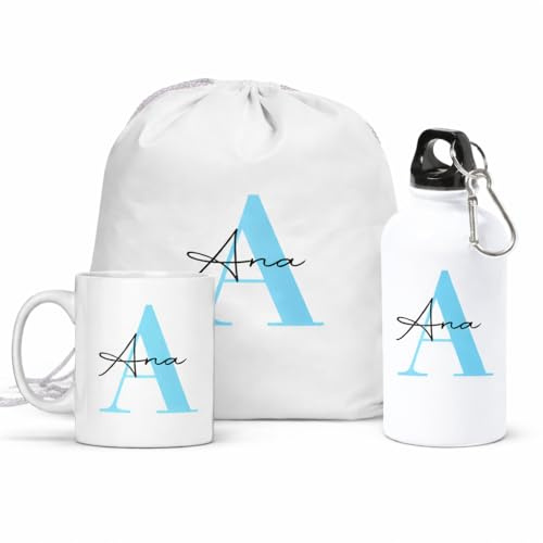 Pack Mochila Botella y Taza Personalizada Inicial y Nombre Cuadro Vichy