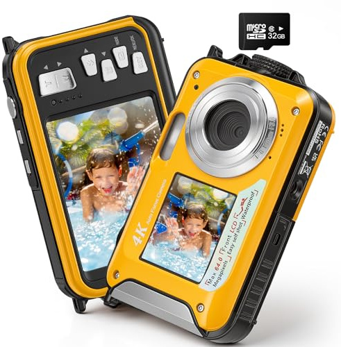 Fotocamera subacquea da 64 MP, con messa a fuoco automatica e video 4K, IP68, impermeabile fino a 5 m, fotocamera subacquea con scheda da 32 GB, doppio display, zoom 16X per snorkeling, giallo