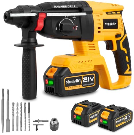 Martello perforatore a batteria con motore brushless da 1680 W, martello a impulsi 4 in 1 con 2 batterie, diametro di foratura 26 mm, 4800 colpi/min, attacco SDS-Plus include 10 accessori
