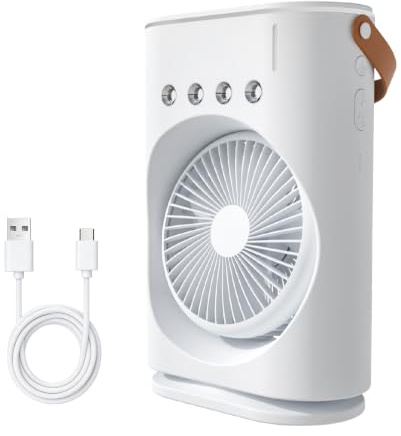 Ventilador nebulizador portátil, carga USB, batería larga autonomía, depósito 350 ml, 4 boquillas, 3 velocidades, inclinación 90°, iluminación RGB, asa transporte, ideal oficina, viaje, al aire libre