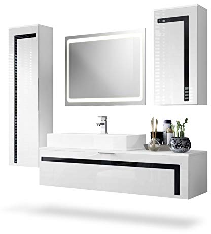 Vladon Badmöbel Komplettset Aloha, Made in Germany, Korpus in Weiß matt/Fronten in Weiß Hochglanz mit Absetzungen in Schwarz Hochglanz, mit Aufsatzwaschbecken, Armatur (M1) und LED Spiegel