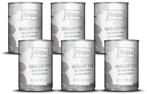 MjAMjAM - comida húmeda premium para gatos - excelente ternera y pavo con deliciosas zanahorias, pack de 6 (6 x 400 g), sin cereales con extra de carne