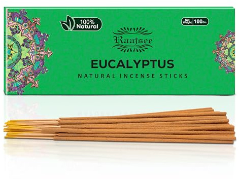 raajsee Incense Sticks Eucalyptus 100 gm Pack-100% Pure Organic Natural Hand Rolled Free from Chemicals-Perfect for Church, Aromatherapy,Relaxation,Meditation,Positivity & Sensual Therapy