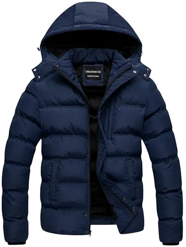 CREATMO US Men's Ski Jacket Winter Warm Coat Cotton Parka Down Alternative Puffer Insulation Front Zip Quilted Outerwear With Removable Hood Navy L