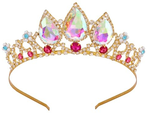 Tiaras for Girls, Vofler Rapunzel Princess Tiara - Gold Crown Crystal Ruby Rhinestone Pearl Headband for Little Flower Girl Kids Women Birthday Wedding Pageant Prom Homecoming Halloween Costume Party