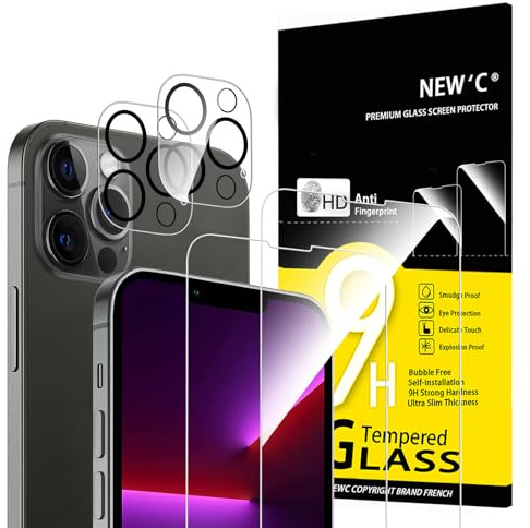 NEW'C Set med 4, 2 x Skärmskydd för iPhone 13 Pro och 2 x kameralinsskydd i härdat glas - Fri från luftbubblor - Ultrabeständigt - 9H hårdhetsglas