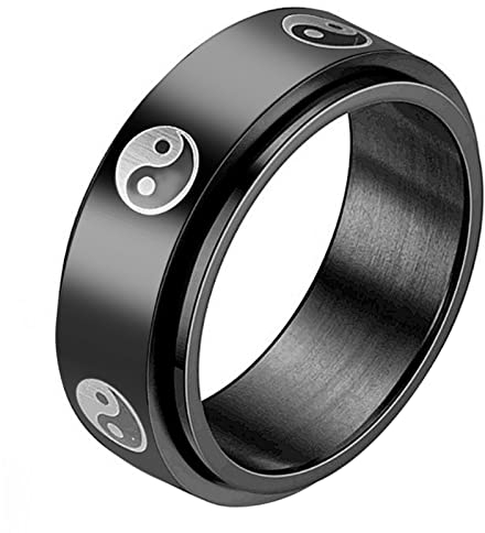 Flongo Herrenring Männer Ring Daumenring drehbarer Siegelring Bandring Tai Chi Yin Yang Glück Ringe Biker Schwarz Herren-Accessoires Größe 62