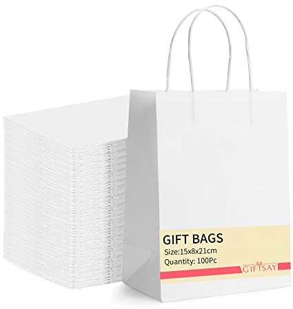 GIFTSAY 100stk Papiertüten mit Henkel Klein Weiß 15X8X21cm, Geschenktüten für Hochzeitsfeier, Einkaufstüten, Einzelhandelswarentüten und Geburtstags