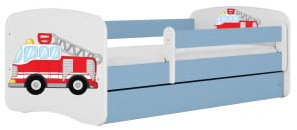 Babybett 80 x 180 cm, Blau, ohne Schublade, inkl. Matratze, Motiv Feuerwehr