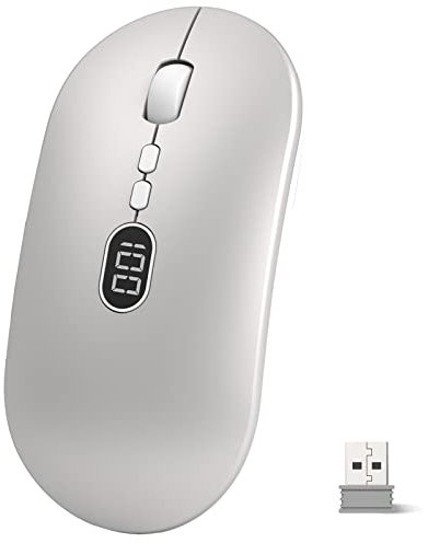 Mouse Wireless Ricaricabile con Batteria Display, Ultra Sottile 2.4G Clic Silenzioso Ergonomic Portatile Mouse Leggero 1600 DPI con Ricevitore USB per Laptop/MacBook/PC - Argento