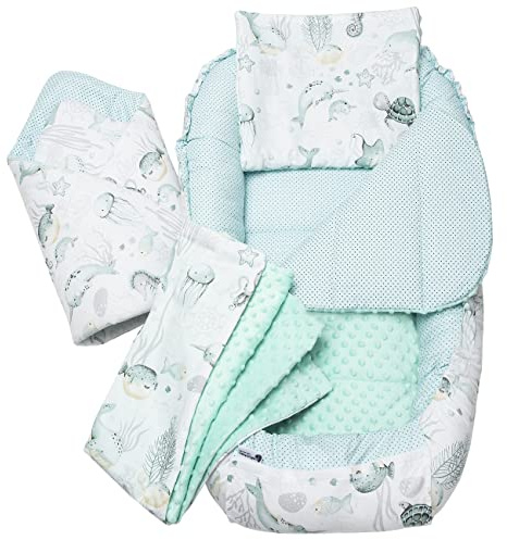Medi Partners Nido Bebe Recien Nacido Reductor de Cuna - 100x60x15 Juego de 5 Piezas bebés anticolicos Bilateral Portátil o de Viaje 100% Algodón (Océano de Menta Minky)