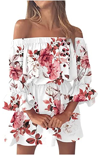 Damen Sommerkleid Sexy Schulterfreies Kleid Sommer Blumen Minikleid Off Shoulder Glocke Ärmel Elegant Vintage Kleider Kurz Boho Blumenkleid Festlich Partykleid Strandkleid Sommerkleider