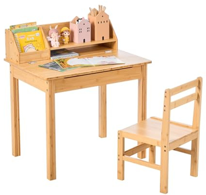 UNICOO® Kid Desk and Chair Set–Bamboo Lift-Top Child Desk with Storage and Hutch, Ideal Kids Desks for Homework, Compact Design for 3-8 Years Old, Small Kids Desk and Chair Set(C007-Nature)