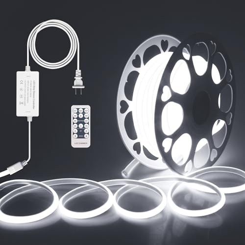 ALITOVE 65.6ft Outdoor COB LED Strip Lights Waterproof IP67 AC 110V 120V Dimmable LED Light Strip Daylight White 6000K 5760LEDs Uniform Glow Neon Light Strip with Remote for Patio Garden Pool Decor