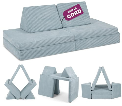 Linodino® Spielsofa Cord | Kindersofa aus Schaumstoff Bausteine - Spielsofa für Kinder & Kuschelecke im Kinderzimmer | Kindercouch | Oeko-TEX 100 Zertifiziert | Einhornblau