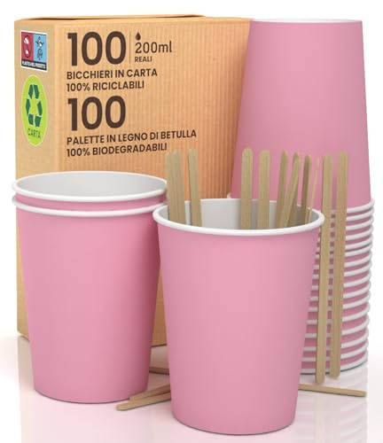 100 st rosa pappersmuggar 200 ml pappersmuggar med engångspalett, varma och kalla drycker, ekologiskt vatteninfunderat te, biologiskt nedbrytbara färgglada engångskoppar 100 x 11 cm paletter av
