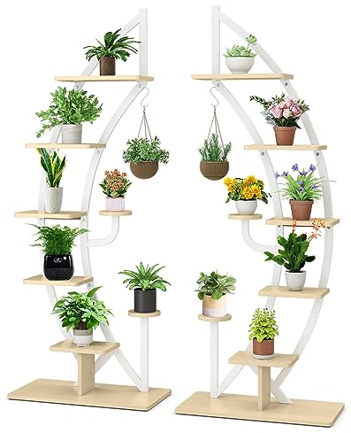 TANGZON 8-Tier Plant Stand, Curved Half Moon Shape Ladder Flowers Shelf with Hook, Indoor Metal Frame Creative Flower Pot Rack for Living Room, Bedroom and Entryway (2 Packs, White + Natural)
