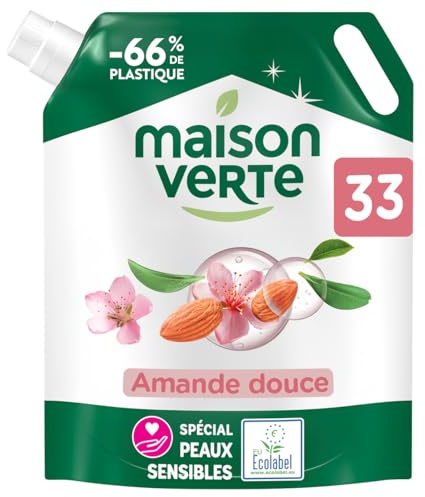 Maison Verte, Lessive Liquide Detachante Ecolabel en format Recharge, Amande Douce, Efficace des 20°C, Special Peaux Sensibles, Sans Colorants, Sans Conservateurs ajoutes MIT/BIT, 33 Lavages