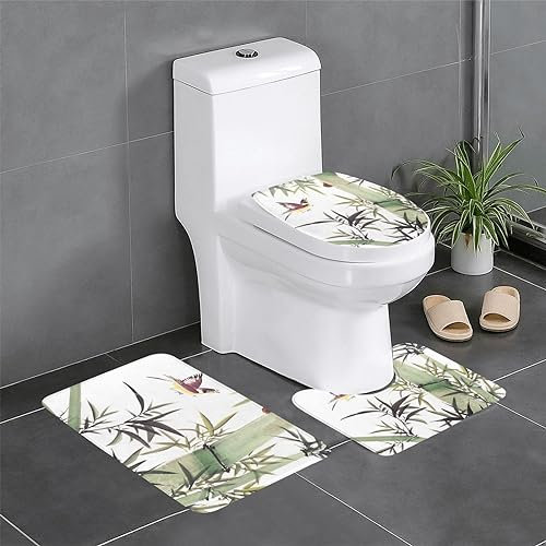 Rutschfeste Badematte aus Flanell, Bambus-Vogelmuster, 3 Stück, 60 x 40 cm, Badezimmerteppich-Set – Badematte + U-förmiger WC-Vorleger + O-förmiger WC-Sitzbezug