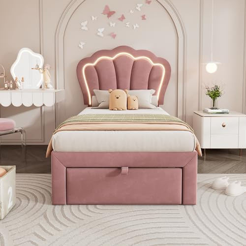SUKY Cama infantil LED con cabecera ajustable y cajones, cama tapizada con control por APP, estructura de cama con somier, marco de cama, cama juvenil de terciopelo rosa (90x190 cm)