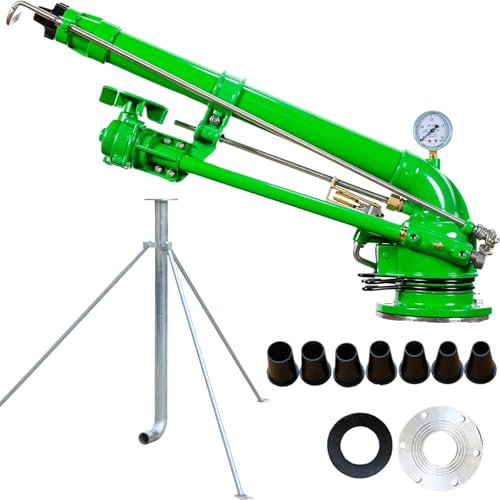 Aspersor de riego agrícola en base de trípode, aspersor de trípode de 2 pulgadas con manómetro, rociador giratorio de 360° para riego de área grande, conexión de brida, para tierras agrícolas, granja,